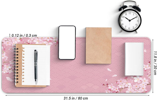 Gaming Mouse Pad with Anti-Slip Rubber Base, Extended Large Computer Mouse Mat with Stitched Edges, Long XL Anime Mousepad for Laptop and Keyboard, 31.5 x 11.8 inch (Pink Cherry Blossom)