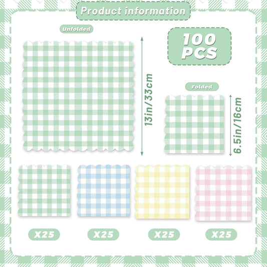 100Pcs Multicolor Scalloped Gingham Napkins, 6.5x6.5 Inch Disposable Paper Cocktail Napkins for Birthday Wedding Summer Pastel Mother's day Party Decor (25 * 4 Colors)