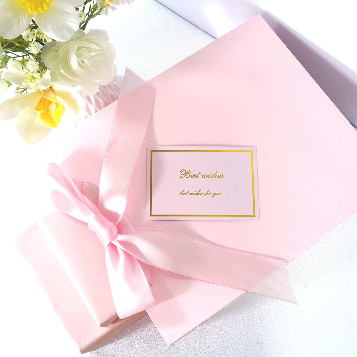 Elegant Pink Gift Bag 10.2"x4.7"x12.2" with Ribbons Handles, Includes Card and Tissue Papers for Weddings, Birthdays, Baby Shower, Parties, Holidays