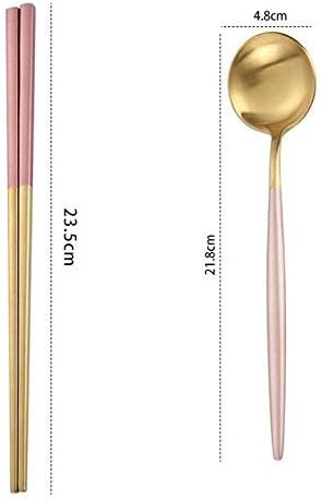 2 Pairs of Chopsticks & 2 Spoons Flatware set Dinner Stainless Steel - Pink Gold