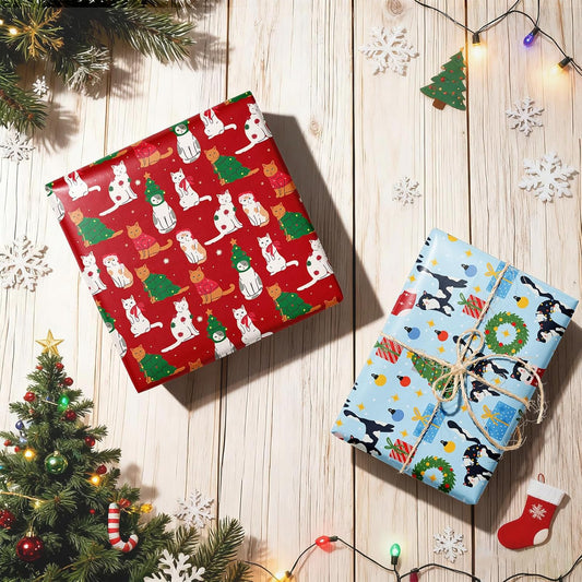 Christmas Cat Wrapping Paper - 12 Sheets Red Green Pink Tone Gift Wrap with Cute Cats Prints, Cartoon Art Paper for Xmas Birthday Baby Shower DIY Crafts Packing, 19.7 x 27.6 Inch