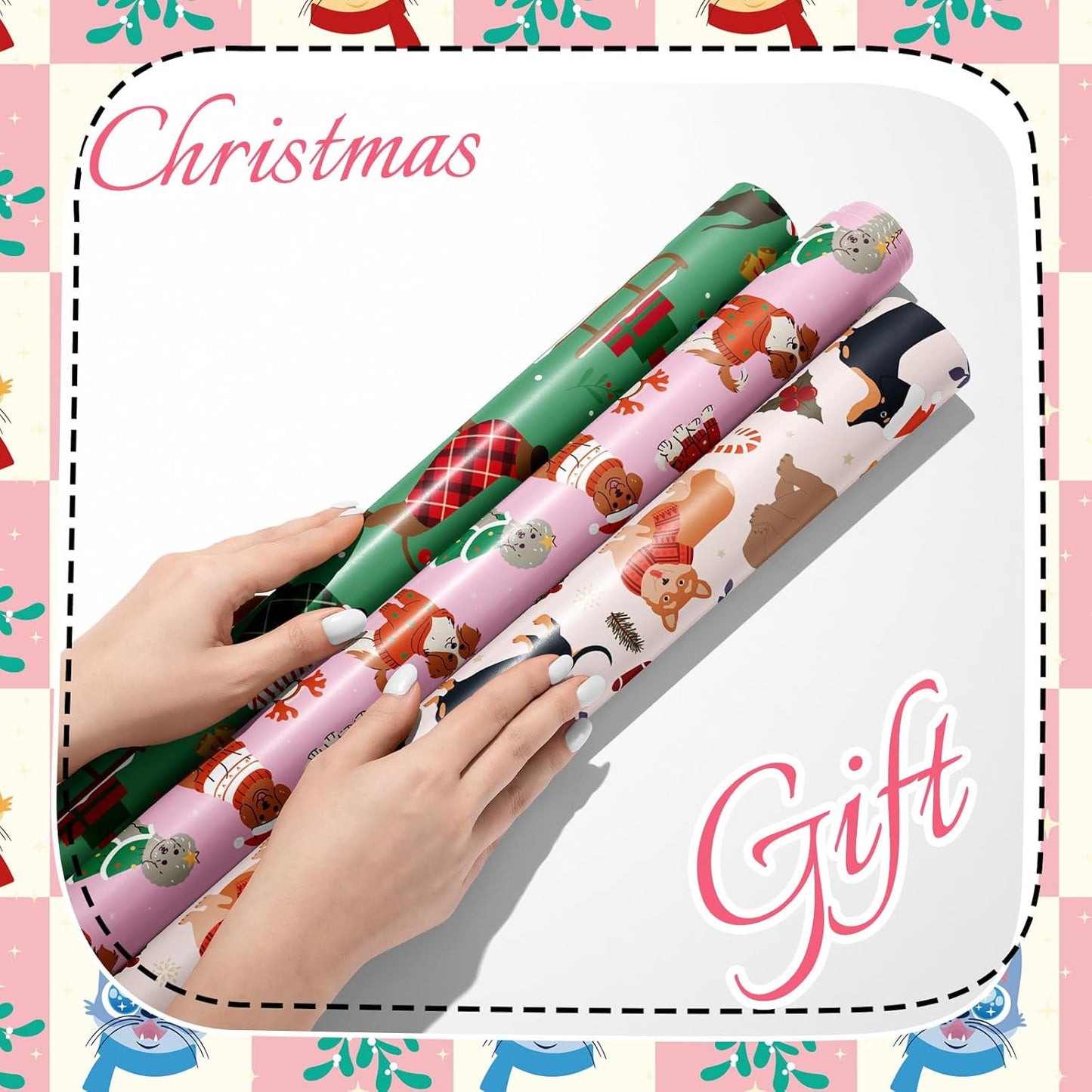Christmas Cat Wrapping Paper - 12 Sheets Red Green Pink Tone Gift Wrap with Cute Cats Prints, Cartoon Art Paper for Xmas Birthday Baby Shower DIY Crafts Packing, 19.7 x 27.6 Inch
