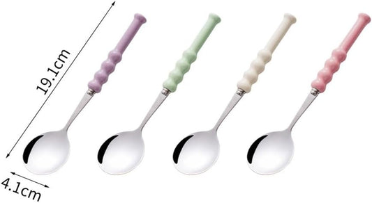 (4 Pieces) 7.5 Inch Ceramic Long Handle Spoon Stainless Steel Household Eating Soup Spoon Coffee Tea Spoon Small Round Spoon (Pink)