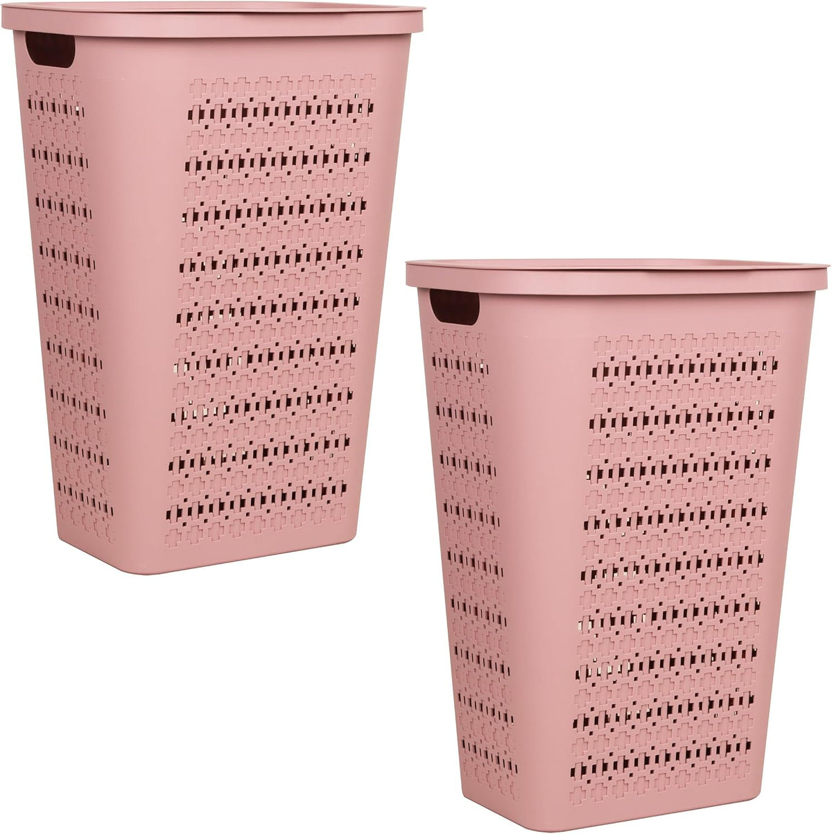 Slim Tapered Laundry Hampers with Lid, Clothes Basket with Swiss Cross Cut-Outs, Lightweight & Ventilated, Plastic, Set of 2, Pink