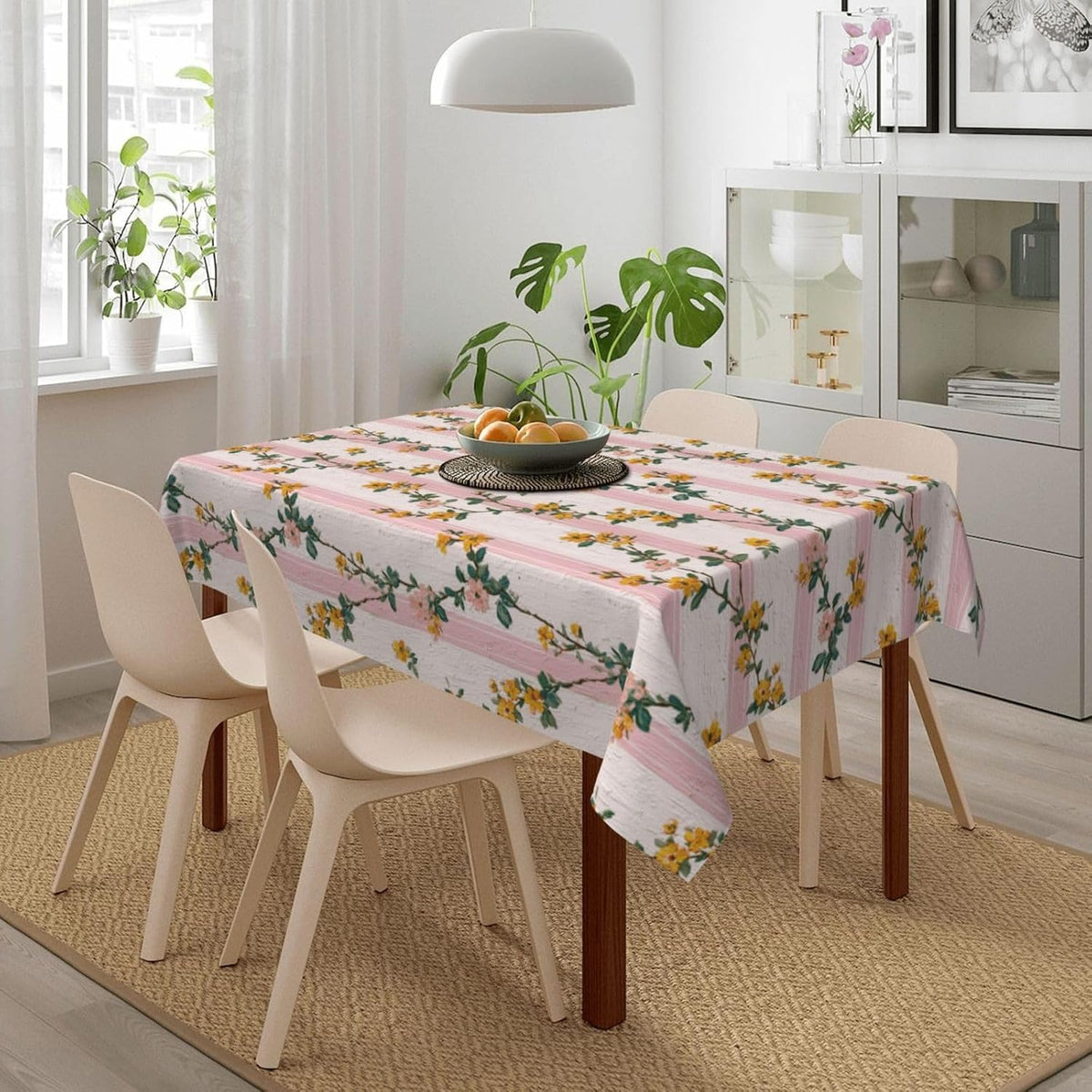Tiny Yellow Flowers Light Pink Victorian Stripes Rectangle Tablecloth, Drop Shapes Table Cloth Dining Table Cover for Kitchen Restaurant Party Buffet Picnic, 52x70 Inch