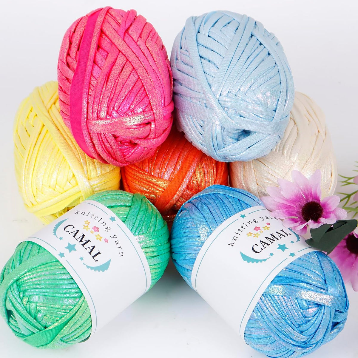 3 Skeins T Shirt Yarn Soft Tape Crochet Yarn Sparkle Metallic Yarn for Crocheting and Knitting Beginner, Knitting Handbag, Basket, Dolls, DIY Hand Projects - 300g (Light Pink)
