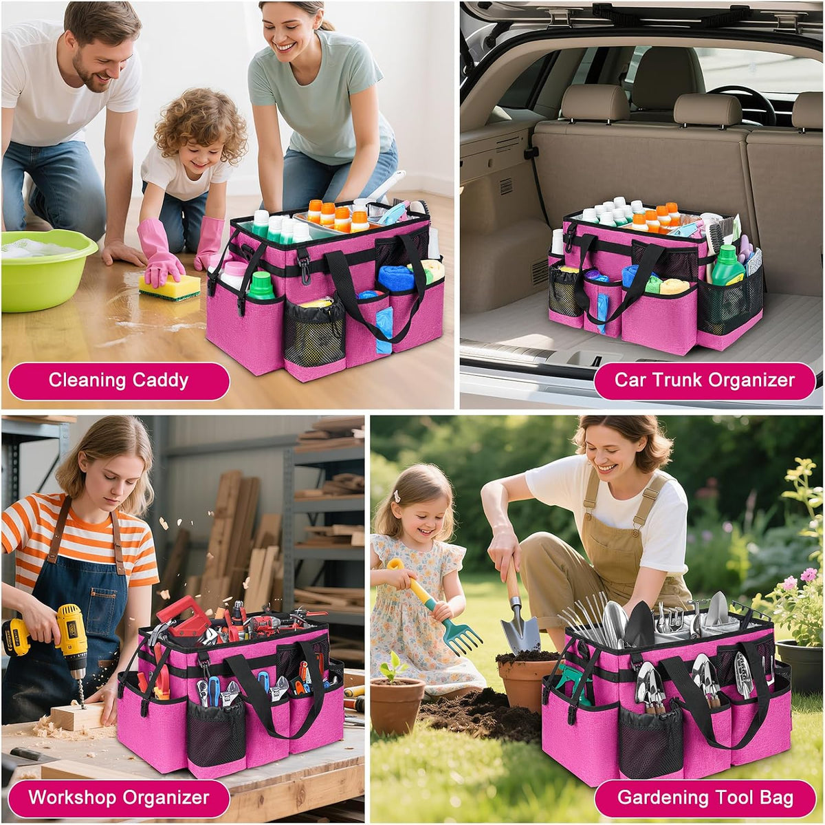 Cleaning Caddy Bag, Cleaning Supplies Organizer for Housekeepers, Housekeeping Caddy with Handle and Detachable Padded Cushion, Pink