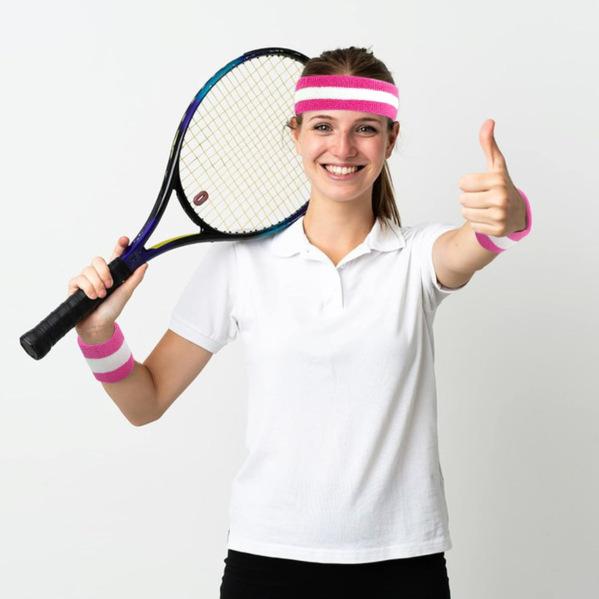 5 Pieces Sweatbands Striped Socks Set Sports Headband Wristbands High Tube Socks 80s Accessories Costumes