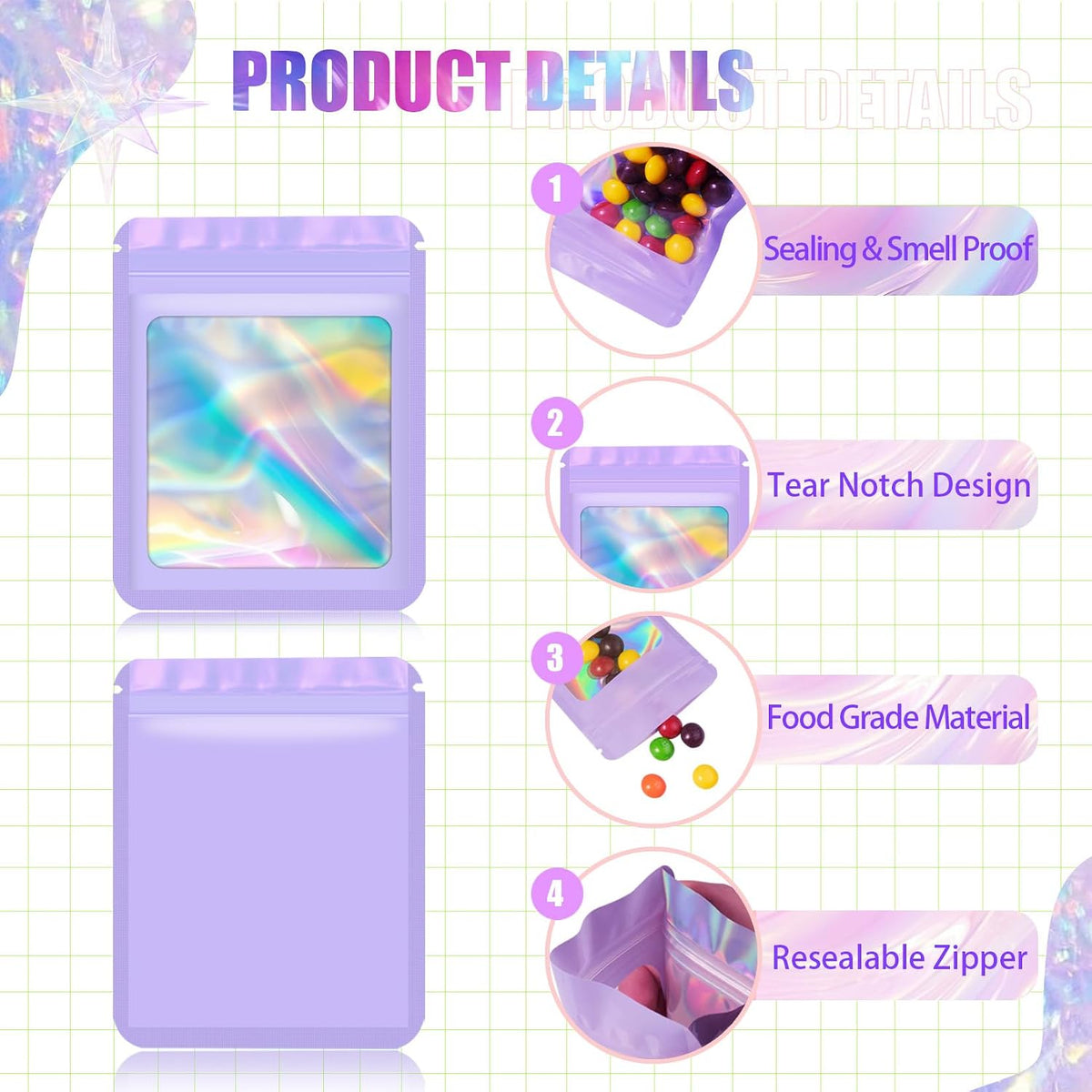 100 Pack Holographic Mylar Bags, Freshie Bags (3x3 Inch, Pink)