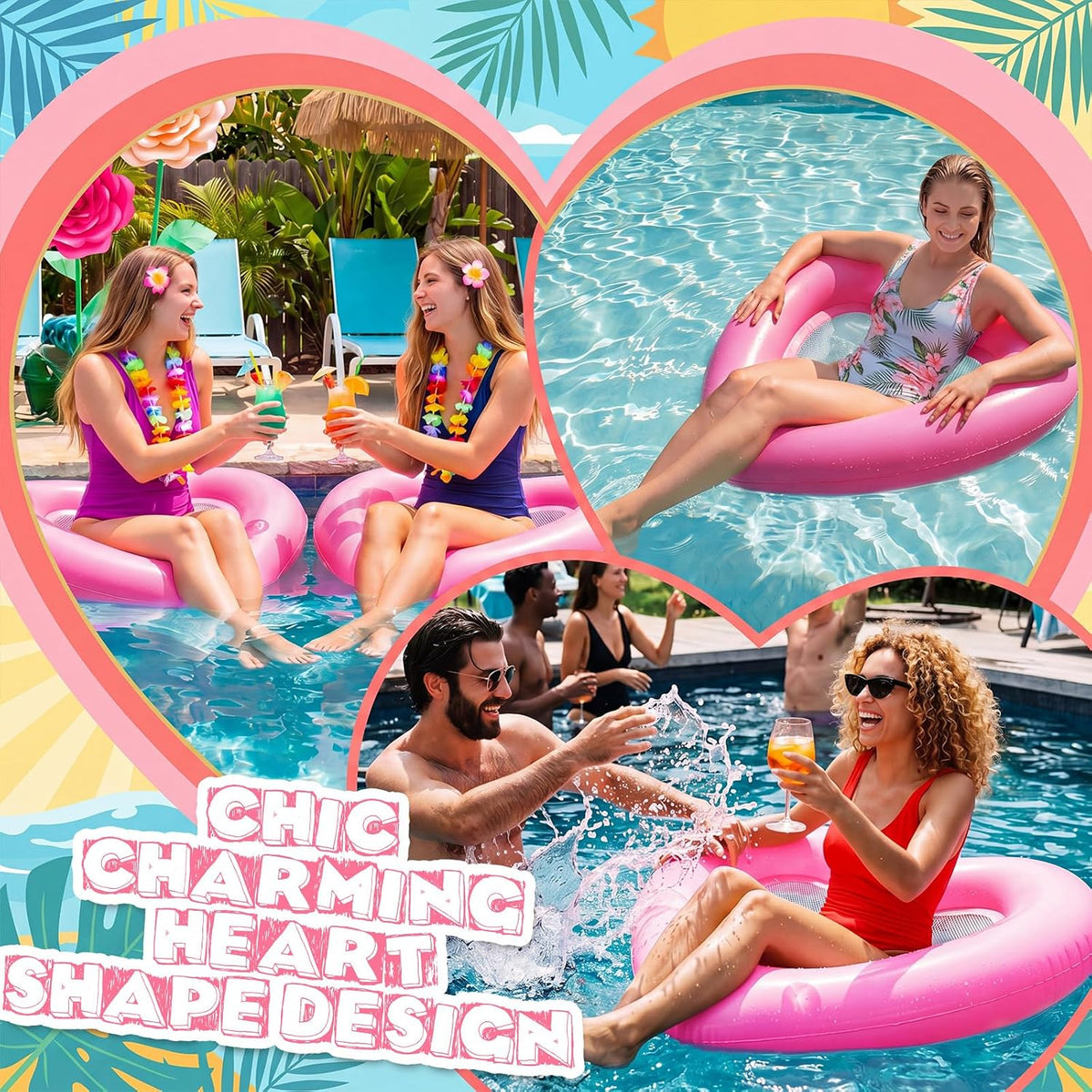 1/2 Pcs 39x35'' Inflatable Heart Pool Float Mesh Pink Pool Lounger Mesh Water Hammock PVC Floating Chair Bed for Adults Summer Party Swimming Water Beach Lake Tanning Fun