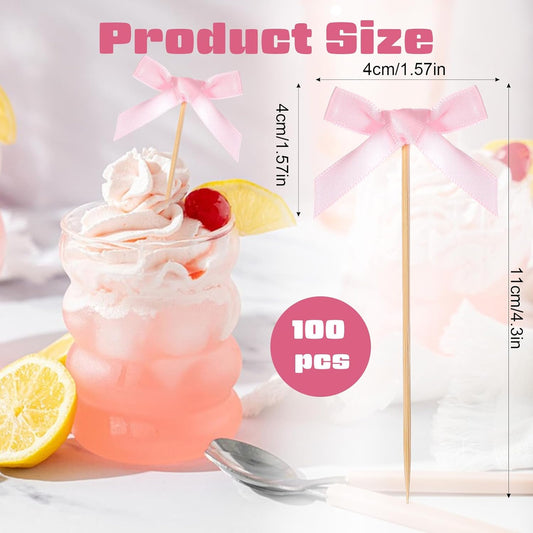 100Pcs Pink Bow Cocktail Picks 4.3" Bow Bamboo Fancy Toothpicks