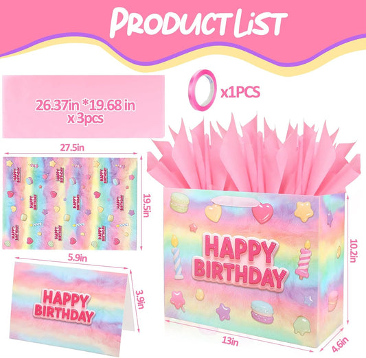 13” Happy Birthday Gift Bags with Tissue Paper Wrapping Paper and Card,Pink Gift Wrap Bags with handles for Women,Girls and Kid,Medium Reusable Happy Birthday Bag for Party