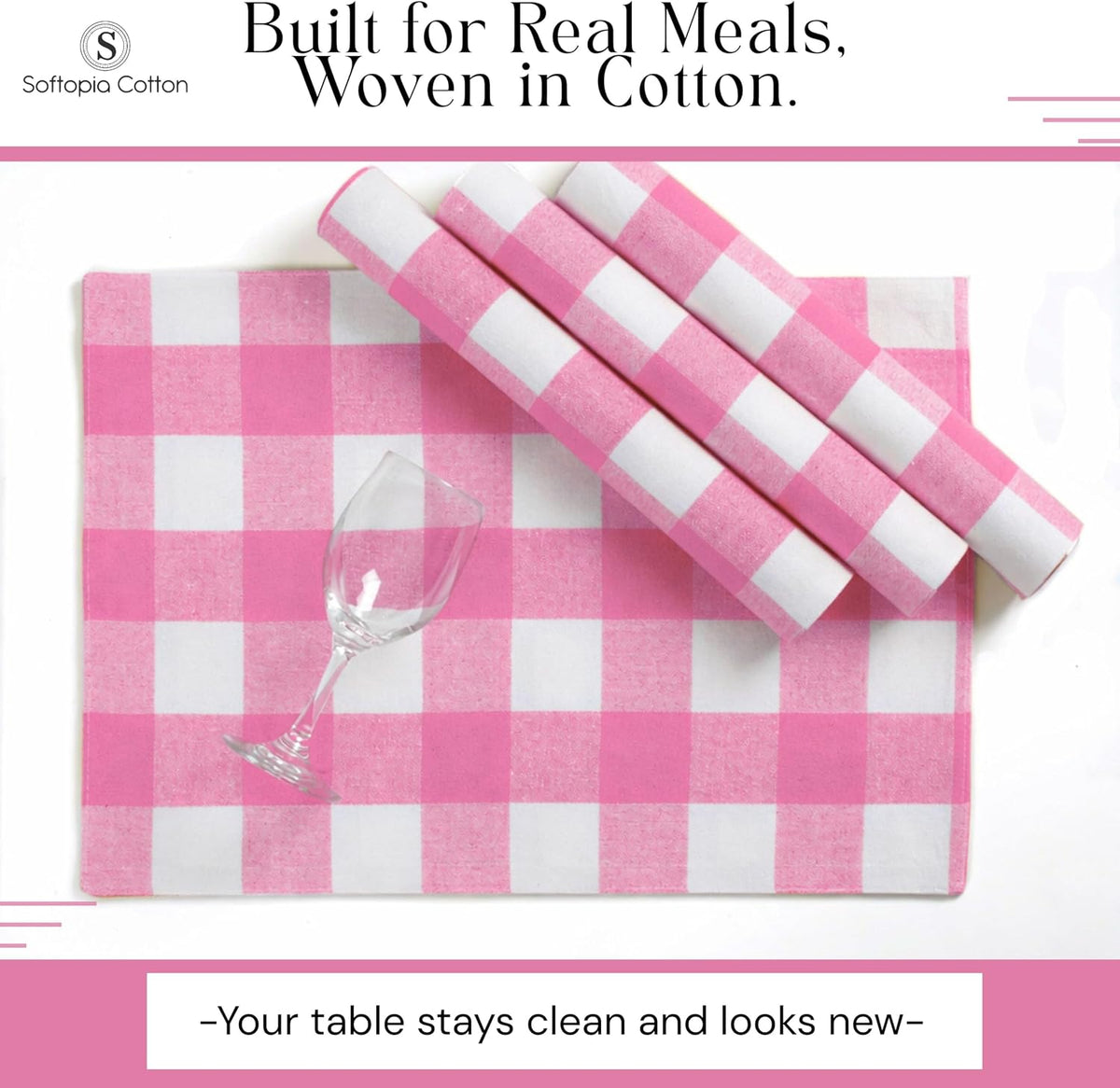 Rose Pink and White Buffalo Check Placemats Set of 4, 13x19 Inches, Plaid Table Mats, 100% Cotton, Washable, Soft and Reusable Placemats for Baby Showers, Weddings, Holiday Gatherings