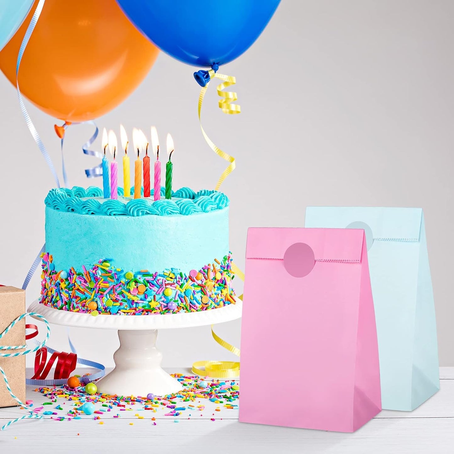 30 Pack Pastel Gift Candy Paper Bags with Stickers 5.1 x 3.1 x 9.4 Inches Snack Sweet Craft Bags for Birthday Wedding Party Anniversaries with 48 Stickers