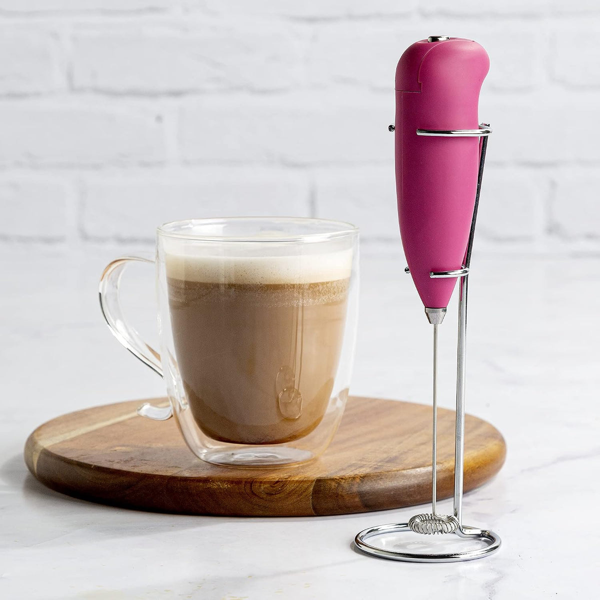 Milk Frother With Stand, Handheld Whisk, Drink Foamer, Mini Blender Mixer For Coffee, Frappe, Bulletproof, Matcha, Espresso. Battery Operated, Easy To Clean And Use, Pink