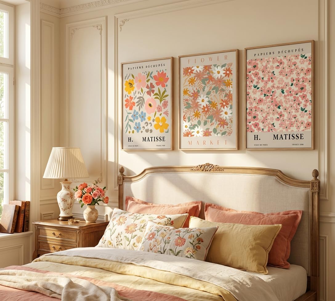 FTQYQLD 3Pcs Flower Market Canvas Wall Art Pink Aesthetic Posters Prints