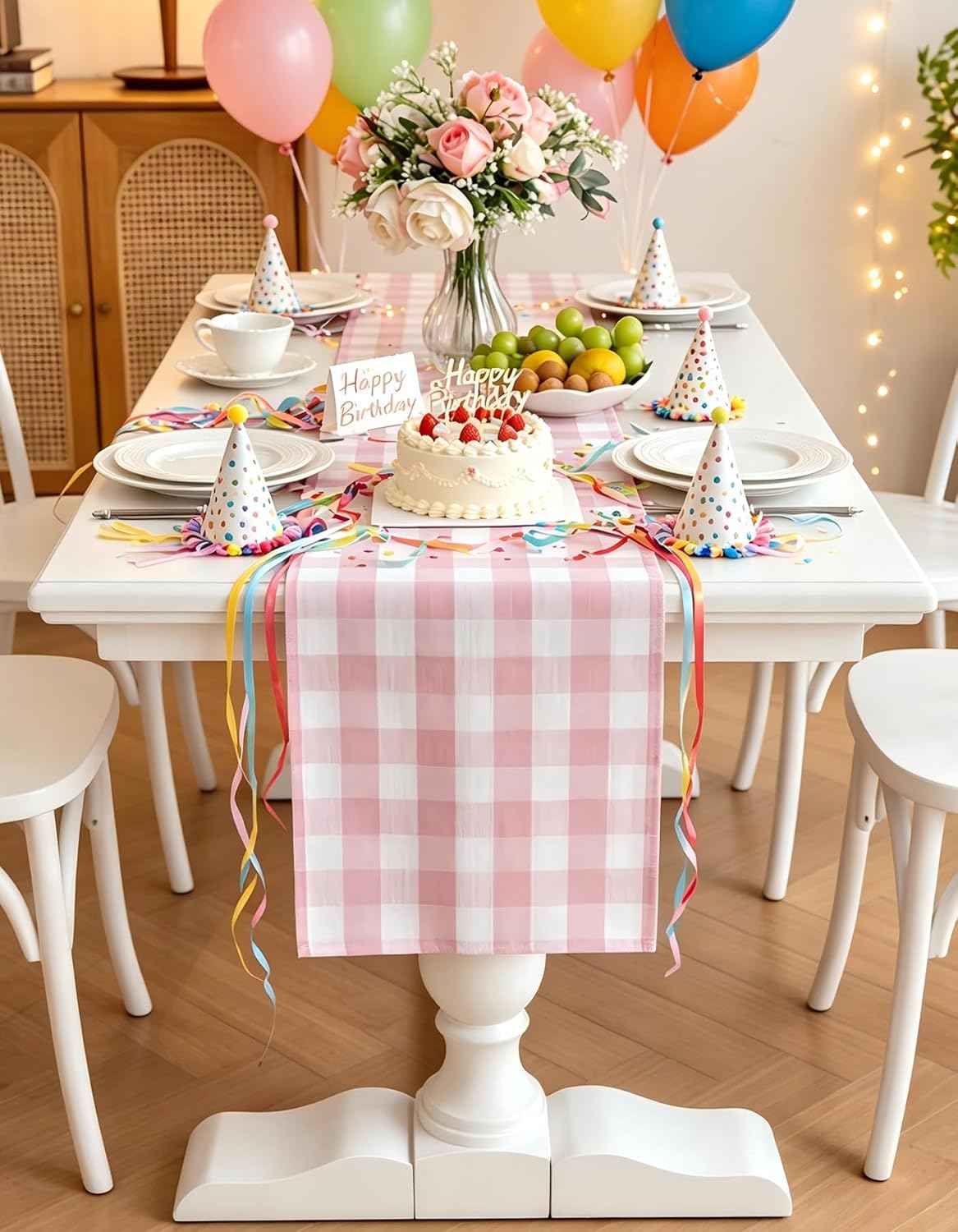 Spring Pink Gingham Table Runner 13 x 72 inches Long, Cotton Linen Farmhouse Checkered Kitchen Dining Table Decor for Home Party, Wrinkle Free
