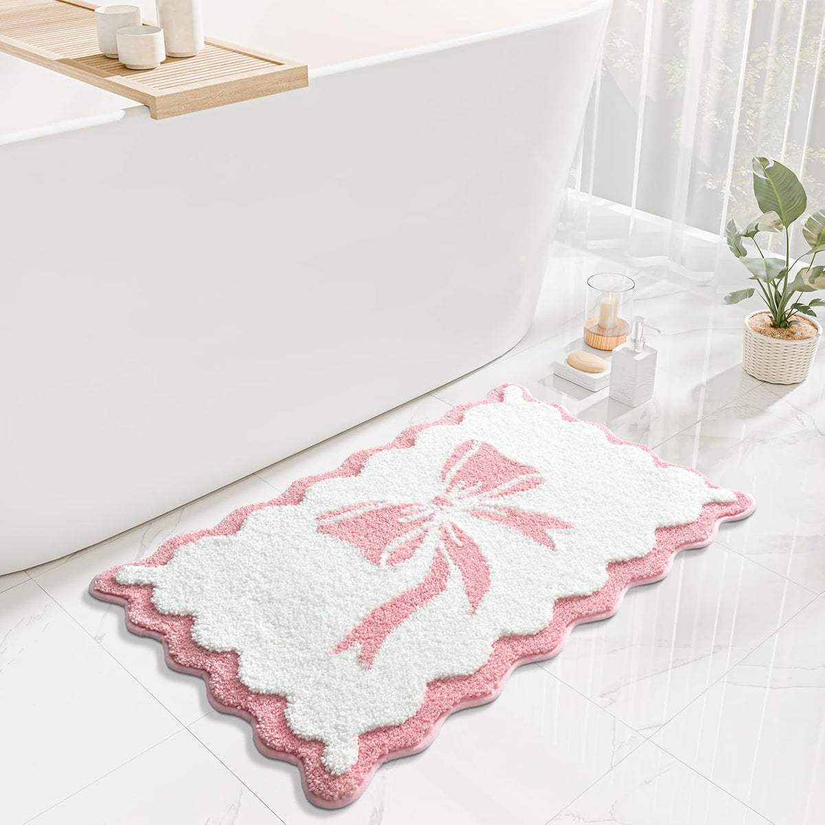 Anybar Bow Bath Mat Pink White Bathroom Rug Cute Scalloped Rugs Non Slip Floor Carpet Microfiber Bathmat Soft Super Absorbent Machine Washable Bathmat for Shower Scallop Bathroom Mats(18x25 inch)