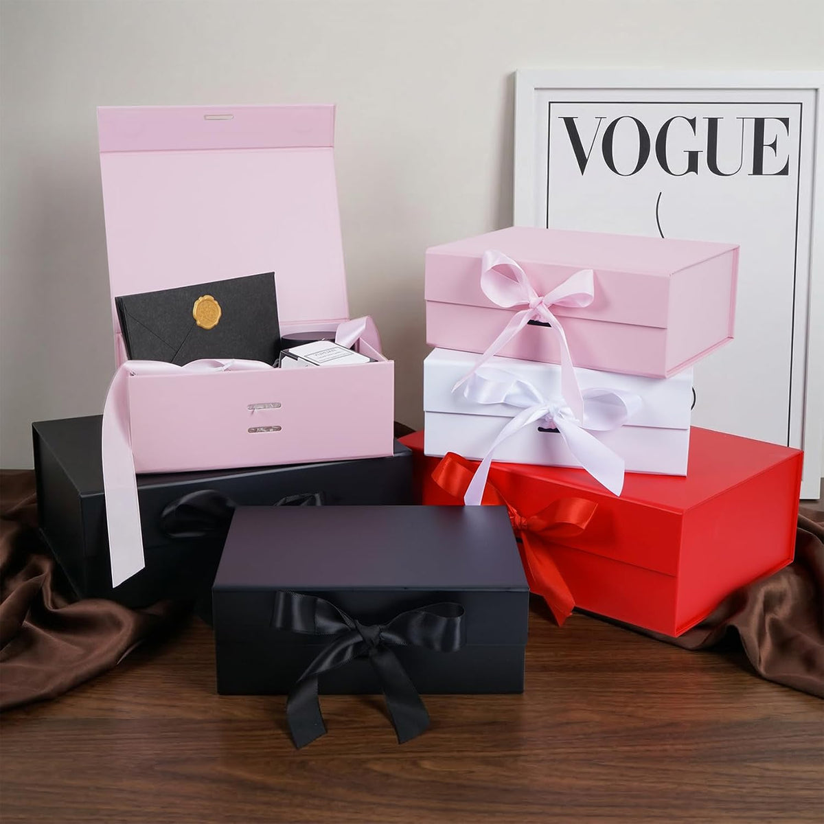 5 Pack Pink Gift Box with Ribbon, 8.6x6.7x3.4 inch Groomsman Proposal Box for Presents with Magnetic Closure Lids, Rectangle Collapsible Luxury Box for Wedding, Christmas, Halloween, Birthday
