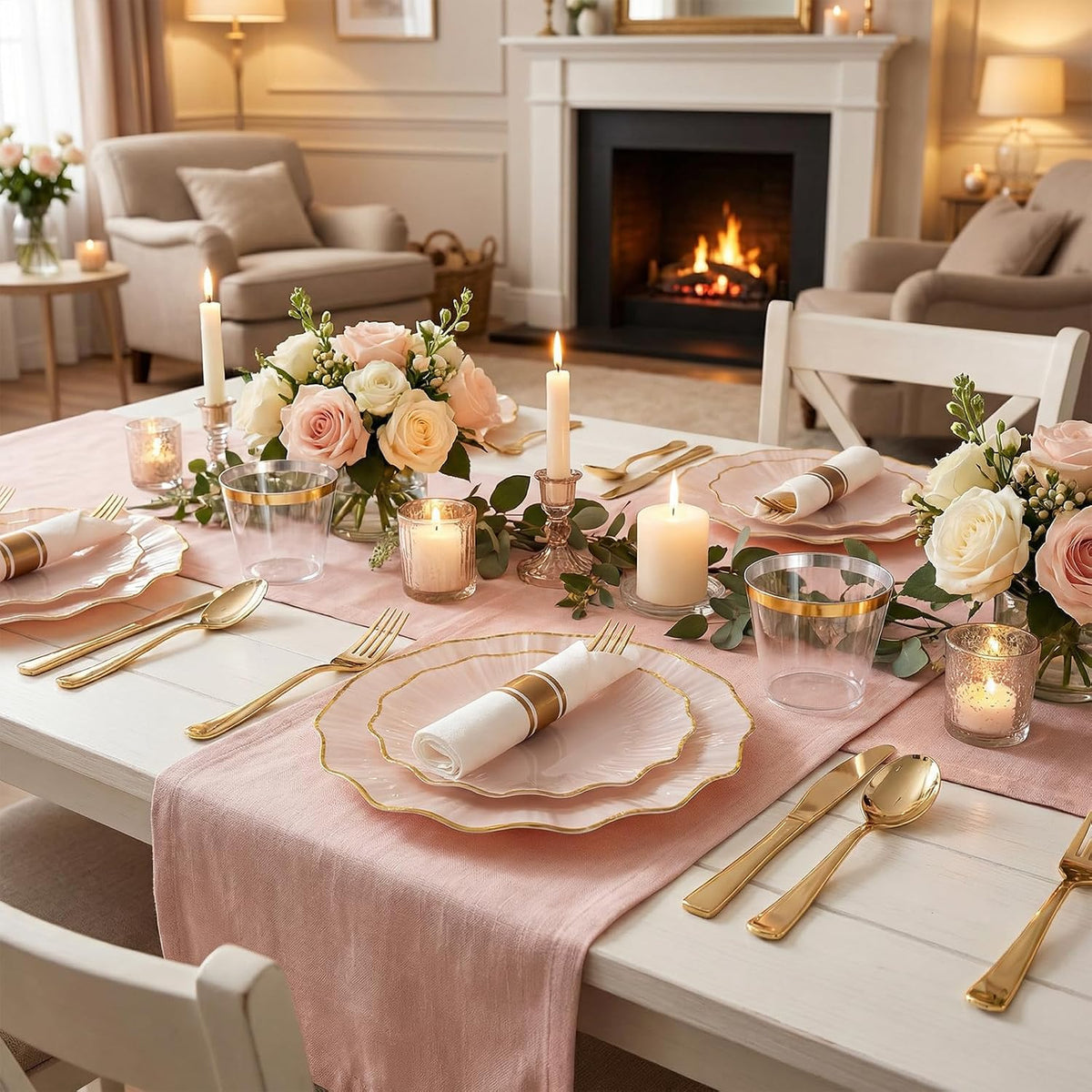 175PCS Pink Gold Plastic Plates - Disposable Dinnerware Set