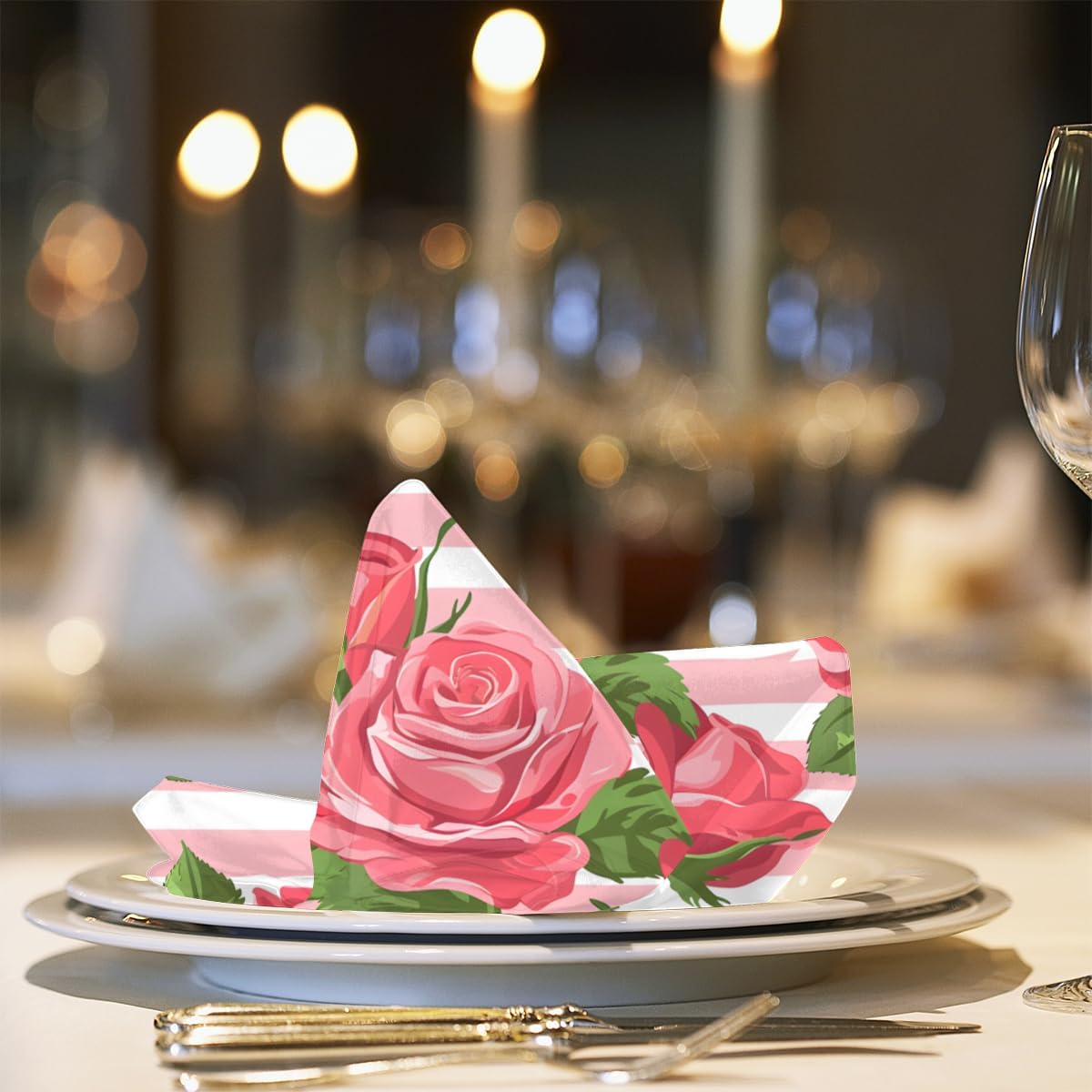 Pink Rose Stripe Pattern Cloth Napkins Set of 6, Soft Square Dinner Napkins Cloth Washable Reusable Table Cloth Napkin for Kitchen Dining Party Weddings Tabletop Decoration 20x20 Inch