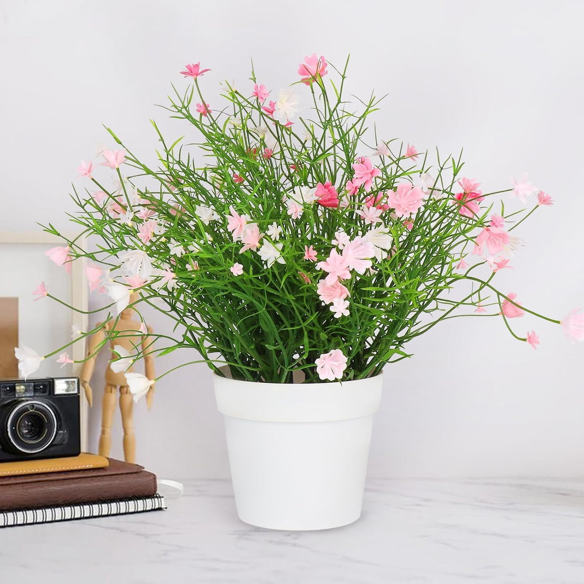 Artificial Babys Breath Potted Fake Plants with Flowers Faux Plants Indoor for Home Office Bookshelf Table Room Decor, Pink (Pack of 2)