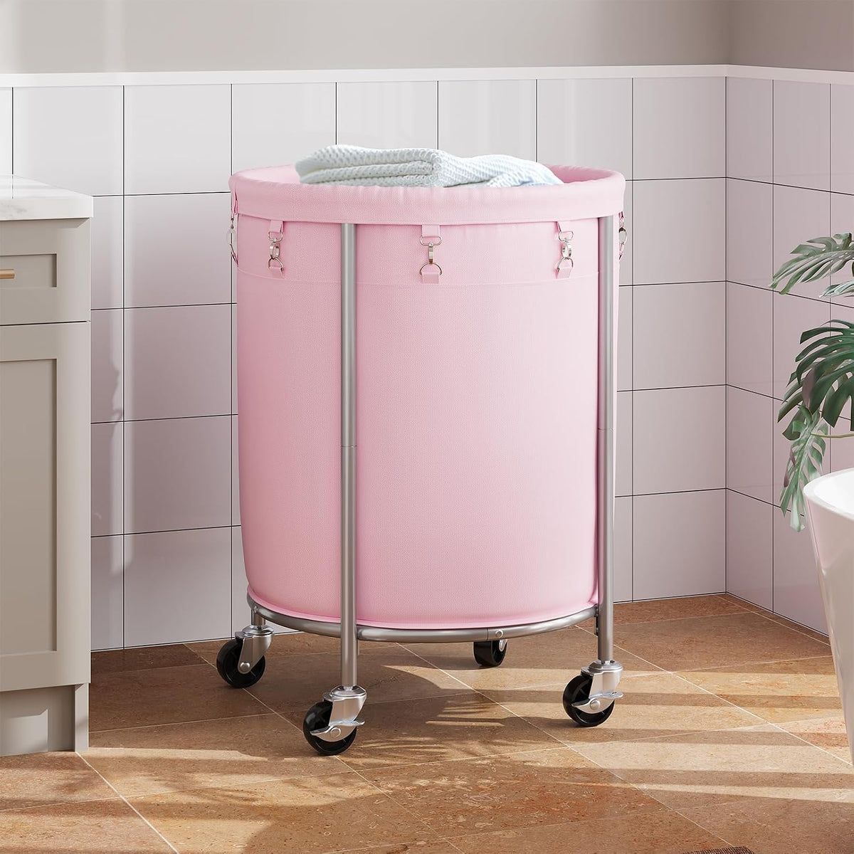 Laundry Basket with Wheels, Round Rolling Laundry Hamper, Pink