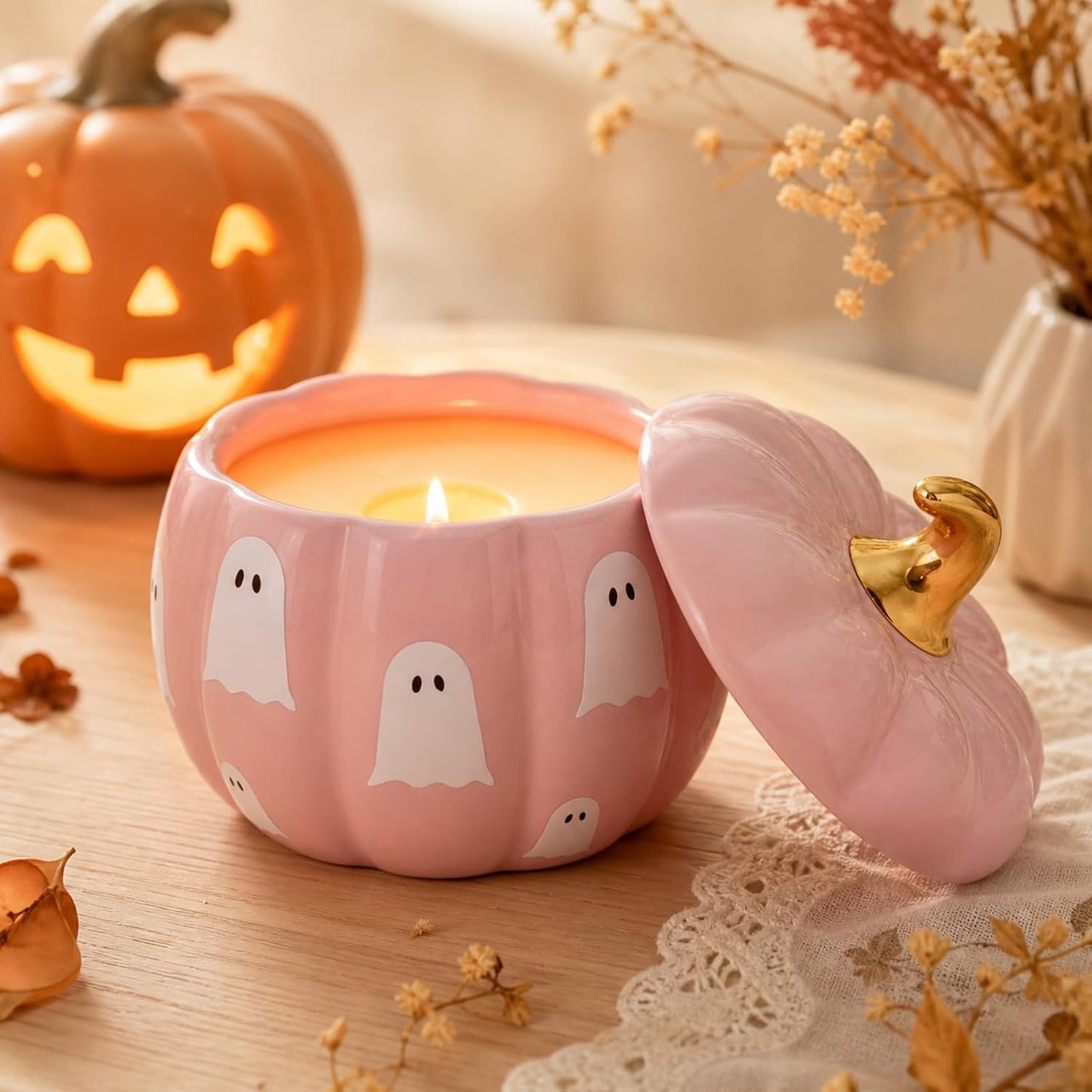 Ghost Pumpkin Shaped Candle 9 oz Ceramic Candle Jar