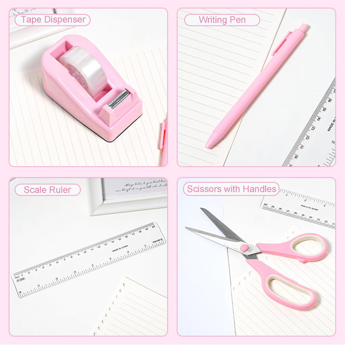 Pink Desk Accessories with Pen Holder, Pink Office Supplies Desk Organizers and Accessories for women, Tape Dispenser, Stapler, Staple Remover, Staples, Clips Set, Ruler, Scissor, Pen, Tape