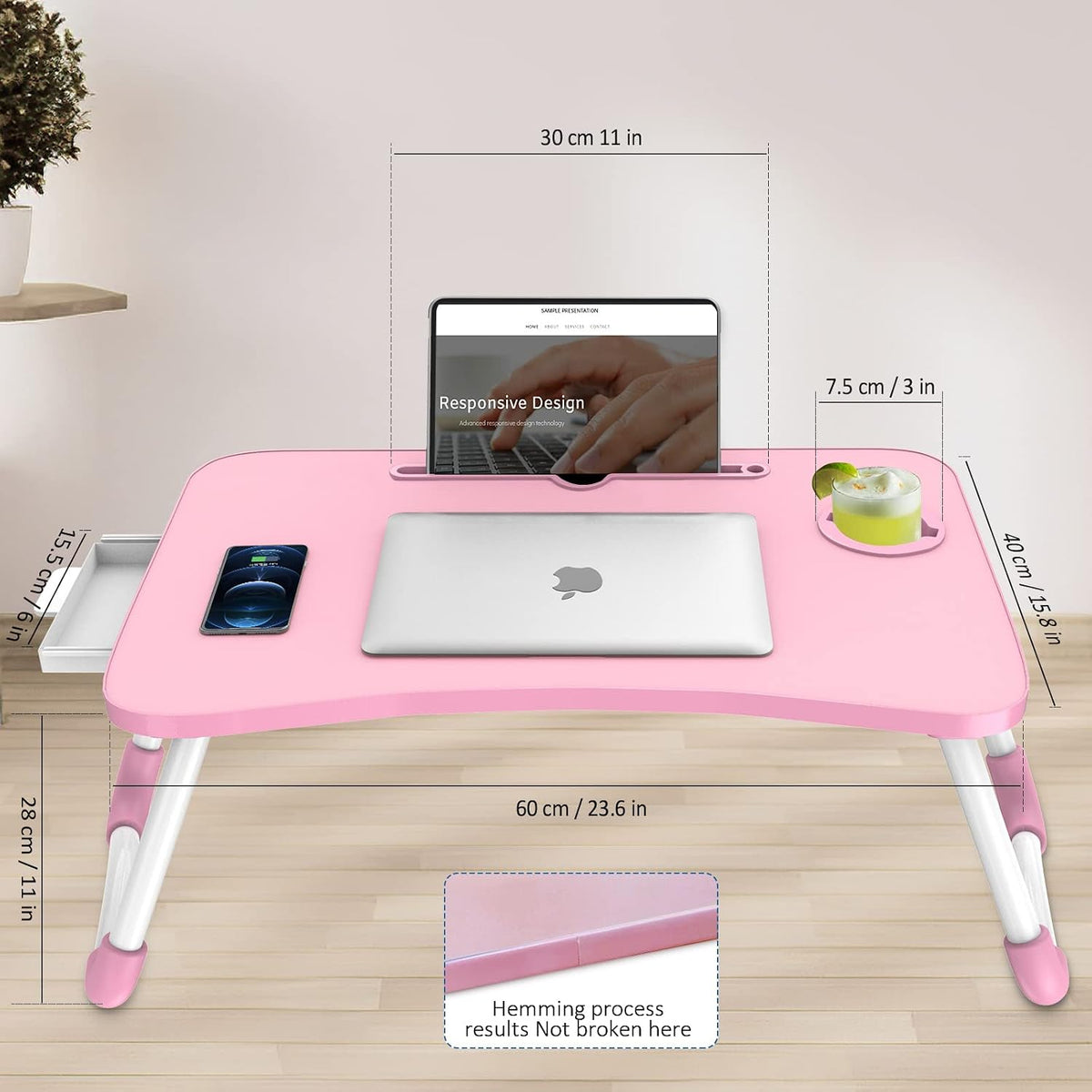 Multi-Function Laptop Bed Table with Storage Drawer and Cup Holder, Lap Desk Stand Tray for Eating, Reading and Working