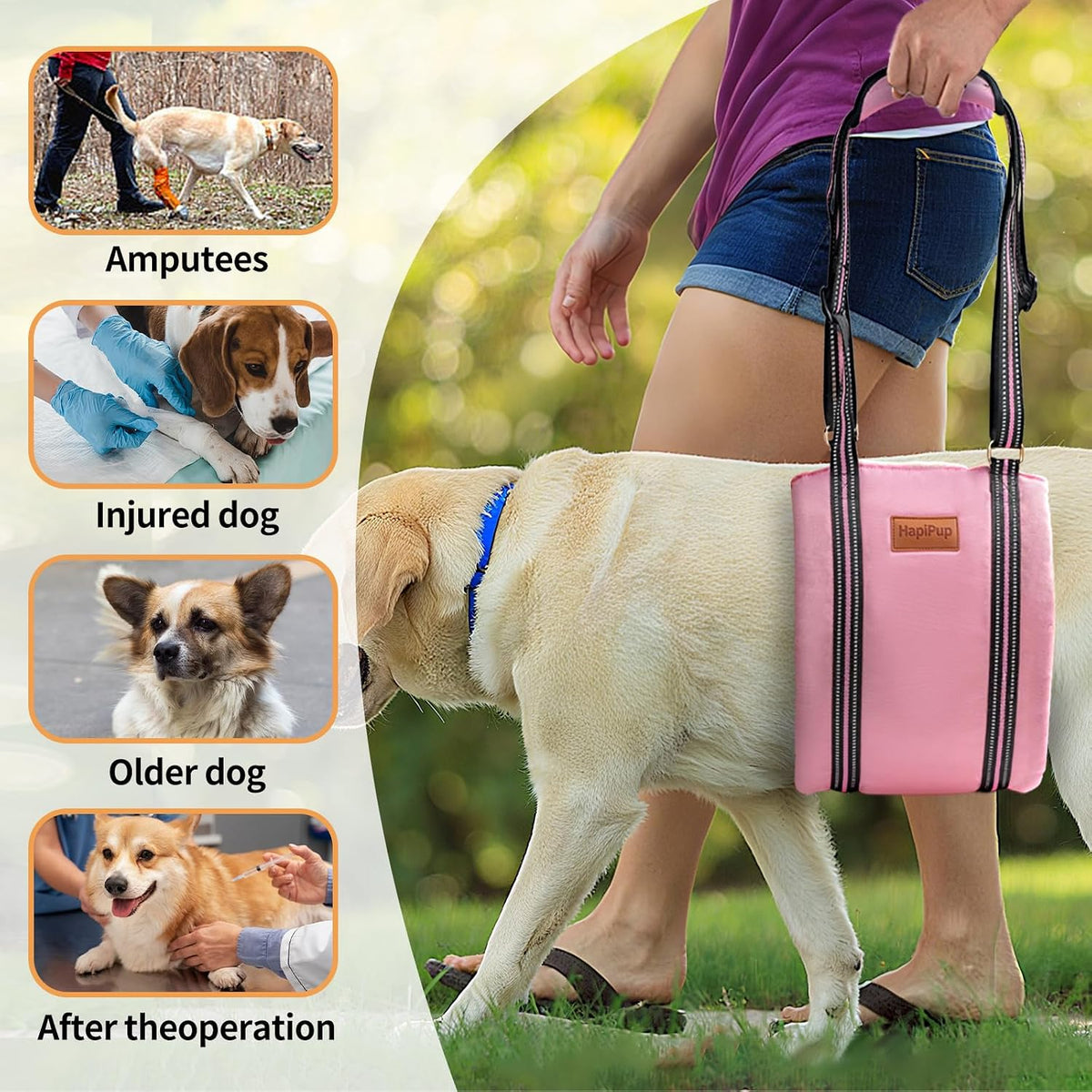 Dog Lift Harness for Large Dogs, Adjustable Comfortable Dog Sling with Handle, Knee & Rear Leg Support for Torn ACL Rehabilitation, Weak Rear Legs, Helps Senior, Disabled Canines(Pink,L)