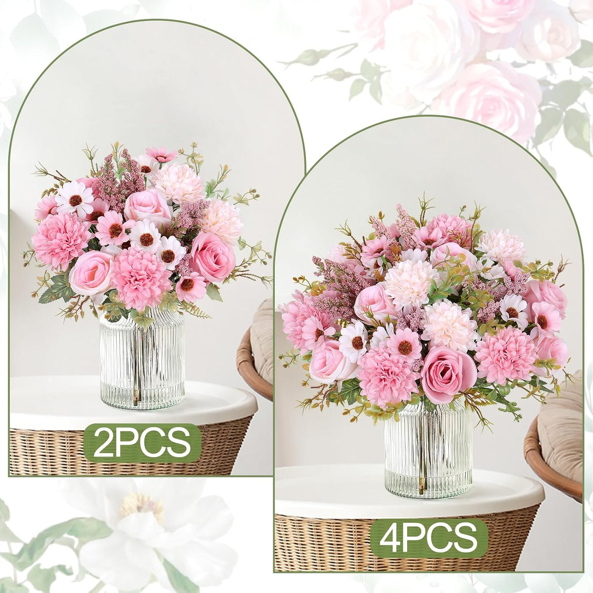 Artificial Flowers Pink Silk Flower Bouquet 2 Packs Silk Roses