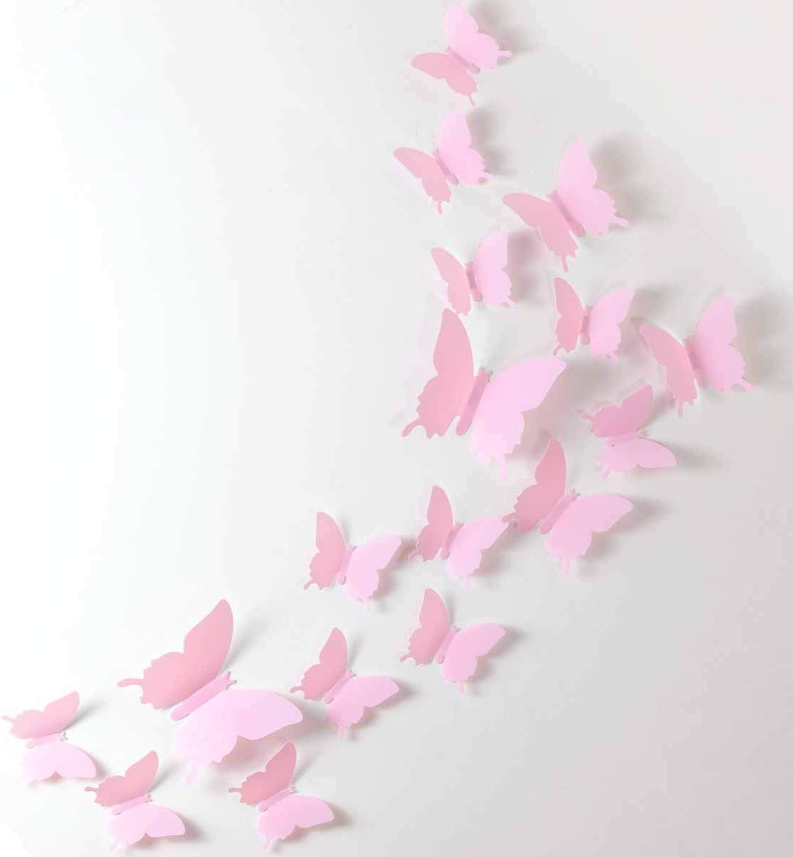 24pcs Kawaii 3D Butterfly Removable Mural Stickers Wall Stickers Decal for Home and Girls Room Decoration (Pink)