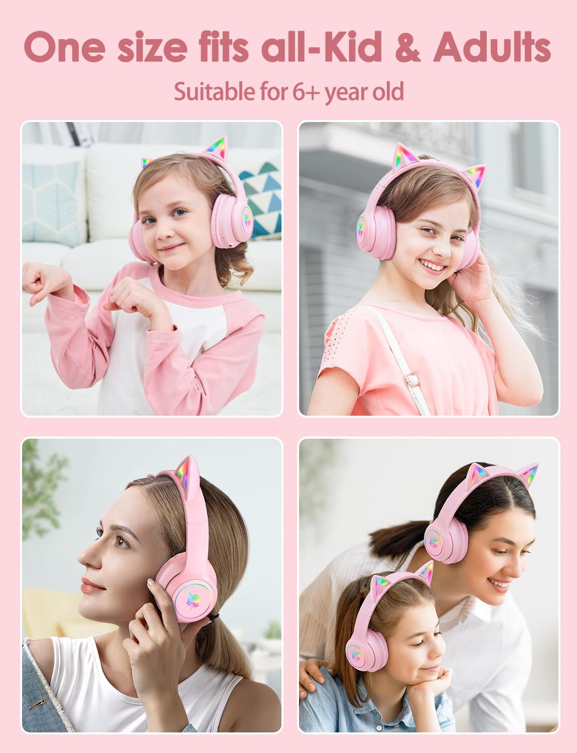 Cat Ear Bluetooth Headphones for Kids & Adults, 55H Play Time, Wireless Foldable & Wired Multi-Function LED Light Up Over Ear Headphones with Mic (Pink)