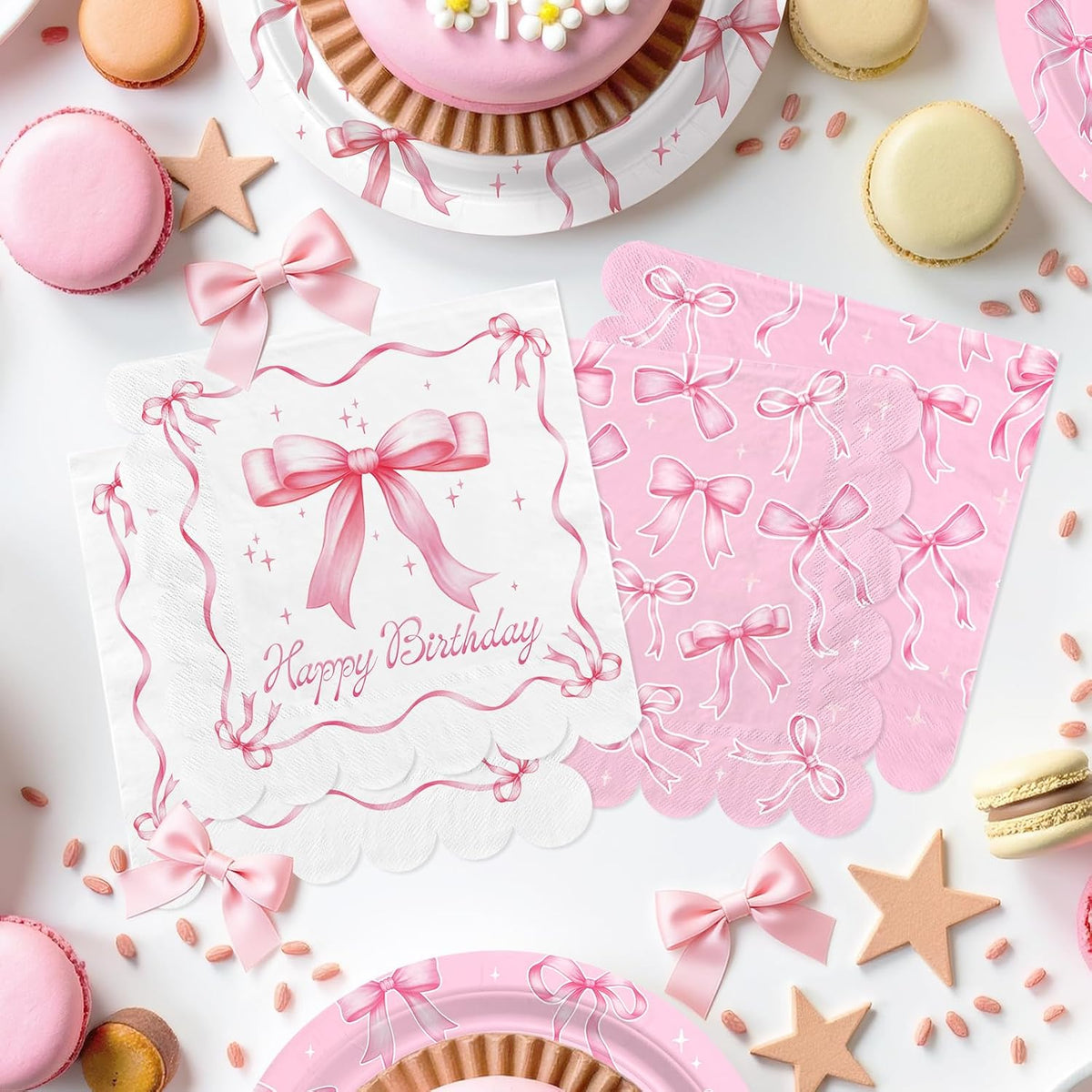 Pink Bow-Themed Party Supplies Set for Women: Includes Happy Birthday & Bachelorette Disposable Napkin(6.5x6.5 in, Disposable, 48-Pack) for Birthday & Tea Party Decorations