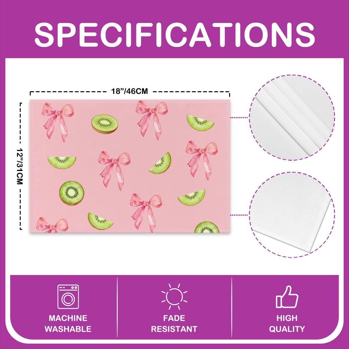 Pink Bow Placemats Set of 4 12x18 Inch Cute Coquette Bow Knot Table Mats for Party Kitchen Dining Decoration Holiday Seasonal Kiwifruit Themed Place Mat for Dinner Table Indoor Outdoor Non-Slip