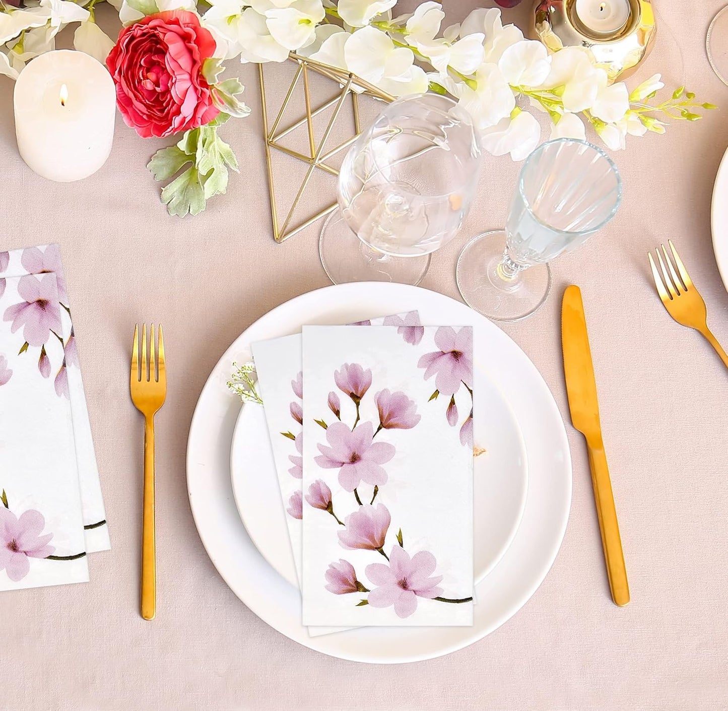 Pink Magnolia Guest Napkins 100 Pack, Floral Disposable Hand Towels for Spring Tea Party Bathroom Wedding Brunch Decor
