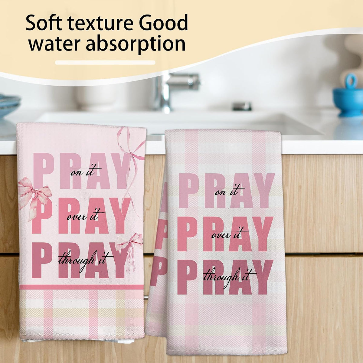 Pink Bow Kitchen Towels Set, Christian Decorative Kitchen Dish Towels, Cute Waffle Weave Dish Cloth, Pink Home Decor, Best Housewarming Gifts for Family Friends-B06