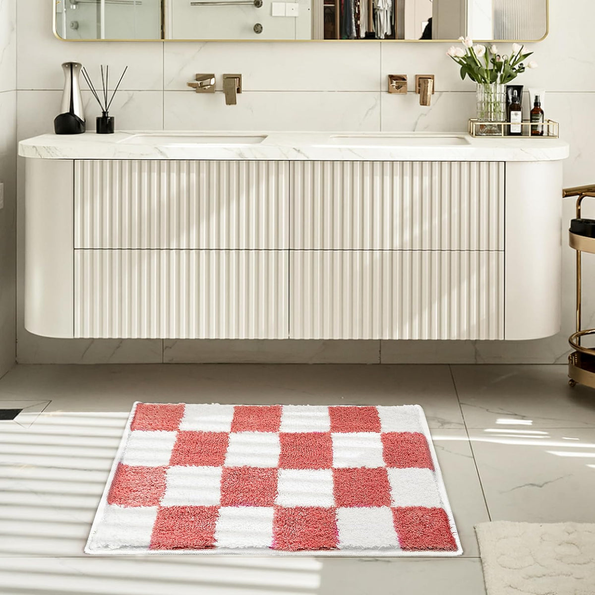 Luxury Coral White Checkered Grid Bathroom Rug, 16"x24" Classic Checkerboard Extra Soft and Absorbent Microfiber Bath Rugs, Non-Slip Plush Shaggy Bath Carpet for Bathroom Floor