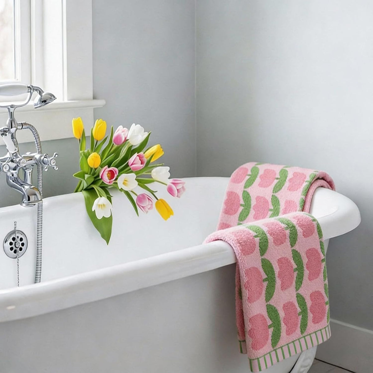 2 Pcs Tulip Hand Towels Pink 100% Cotton Soft Absorbent Bath