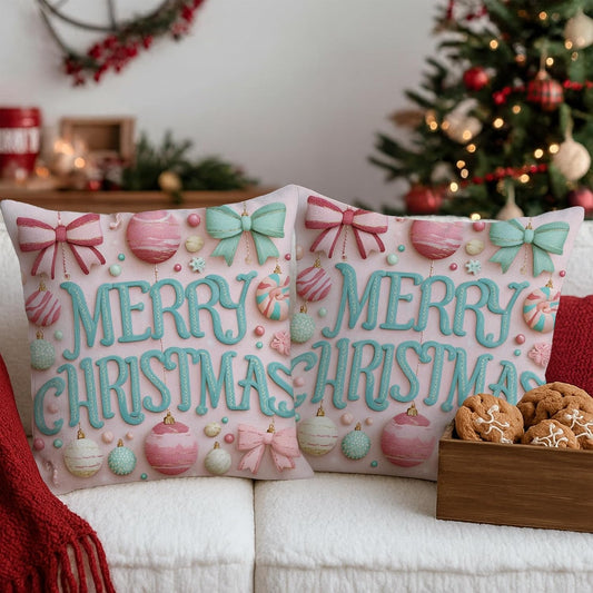 Christmas Throw Pillow Covers Set of 2, Peach Holiday Ornament Decorative Cushion Cases, Festive Farmhouse Decor for Home Sofa Bed Couch 20x20 Inch