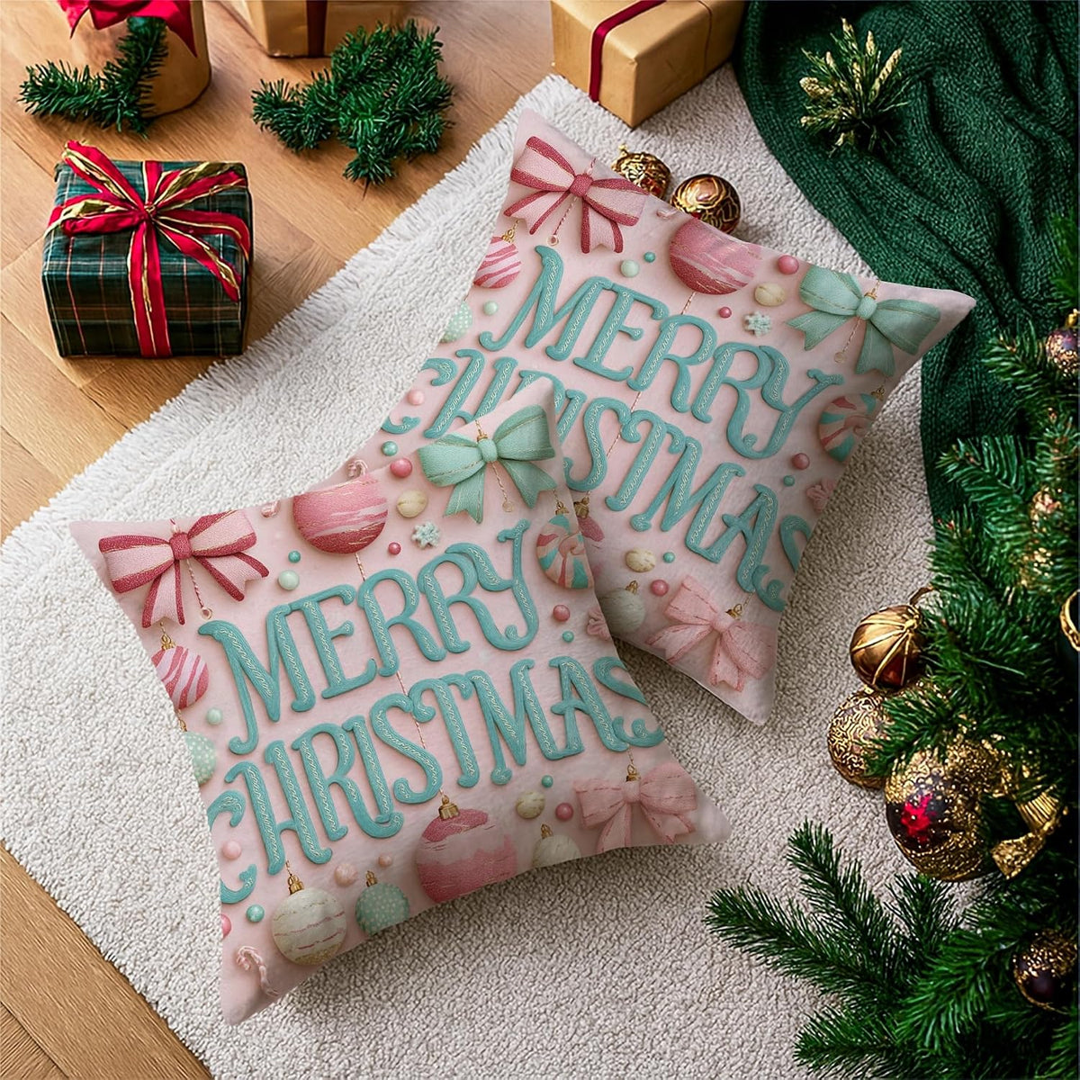Christmas Throw Pillow Covers Set of 2, Peach Holiday Ornament Decorative Cushion Cases, Festive Farmhouse Decor for Home Sofa Bed Couch 20x20 Inch