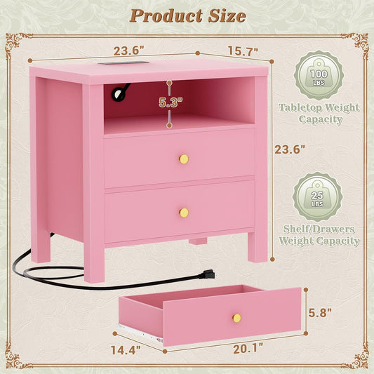Nightstand with Charging Station, 23.6'' Large Bed Side Table with Wooden 2 Drawers, Night Stand for Bedroom, End Table with Open Storage Shelf for Living Room, Pink