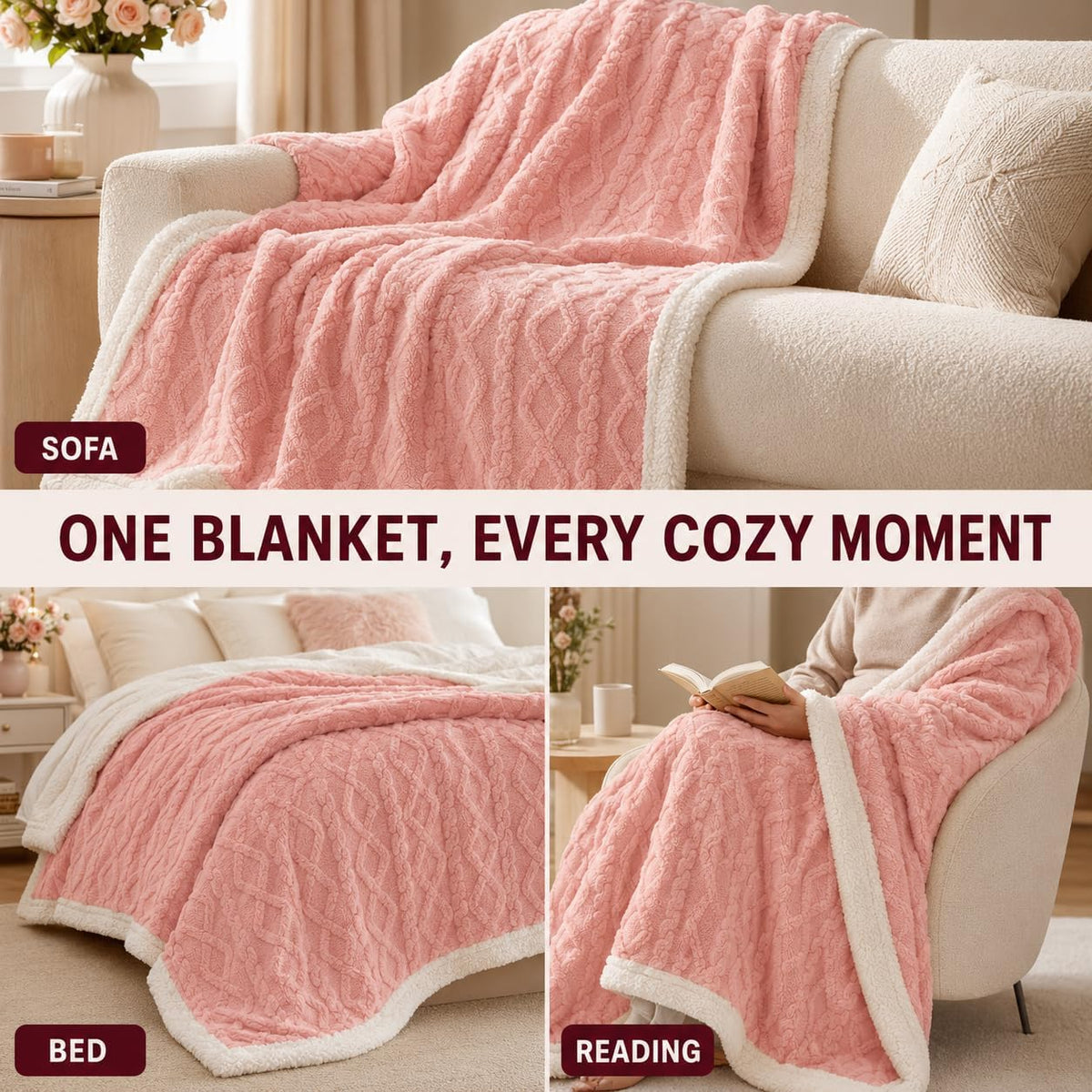 Reversible Sherpa Fleece Soft Blanket for Bed,Soft Pink Throw XL