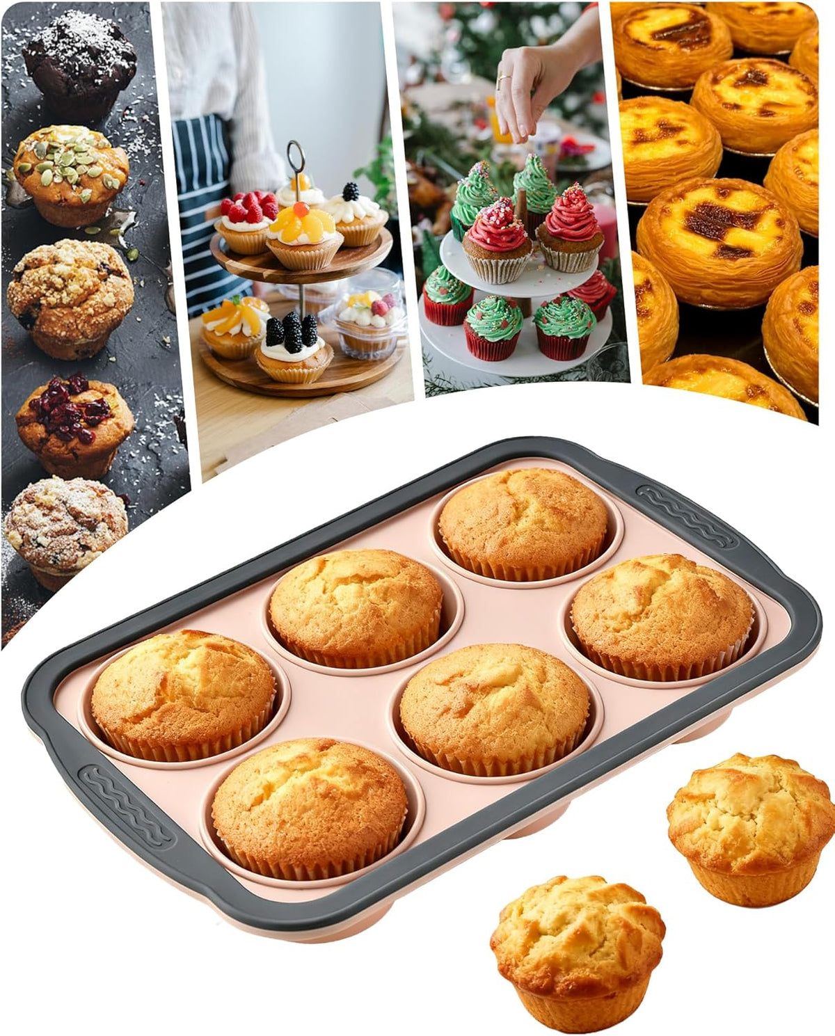 Silicone Muffin Pan for Baking with Metal Frame, Nonstick Cupcake Pan, 6 Cup Baking Pan for Cupcake, Tarts, Egg Bites(6 Cup Pink)