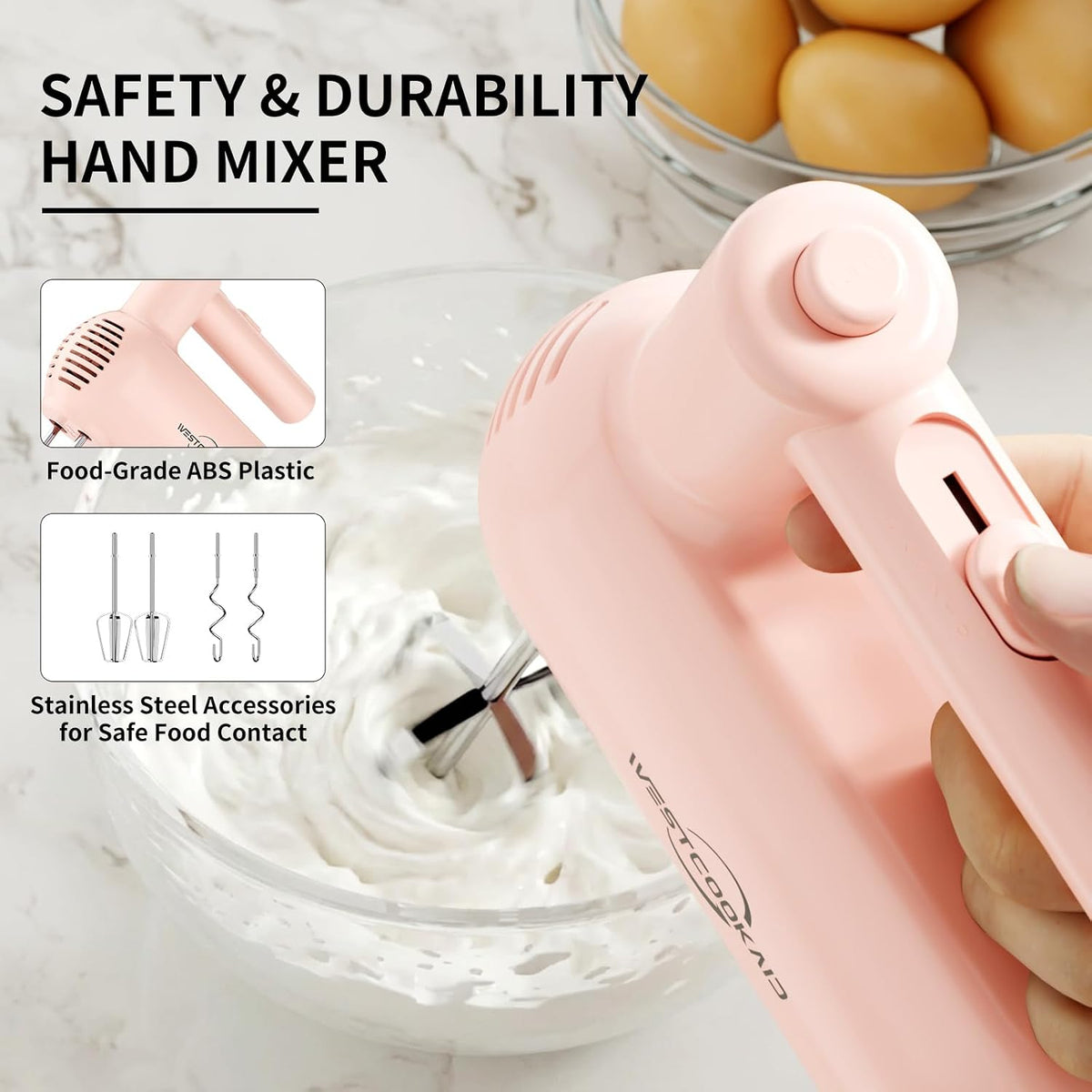 Hand Mixer 5-Speed Electric Handheld with Turbo Pink