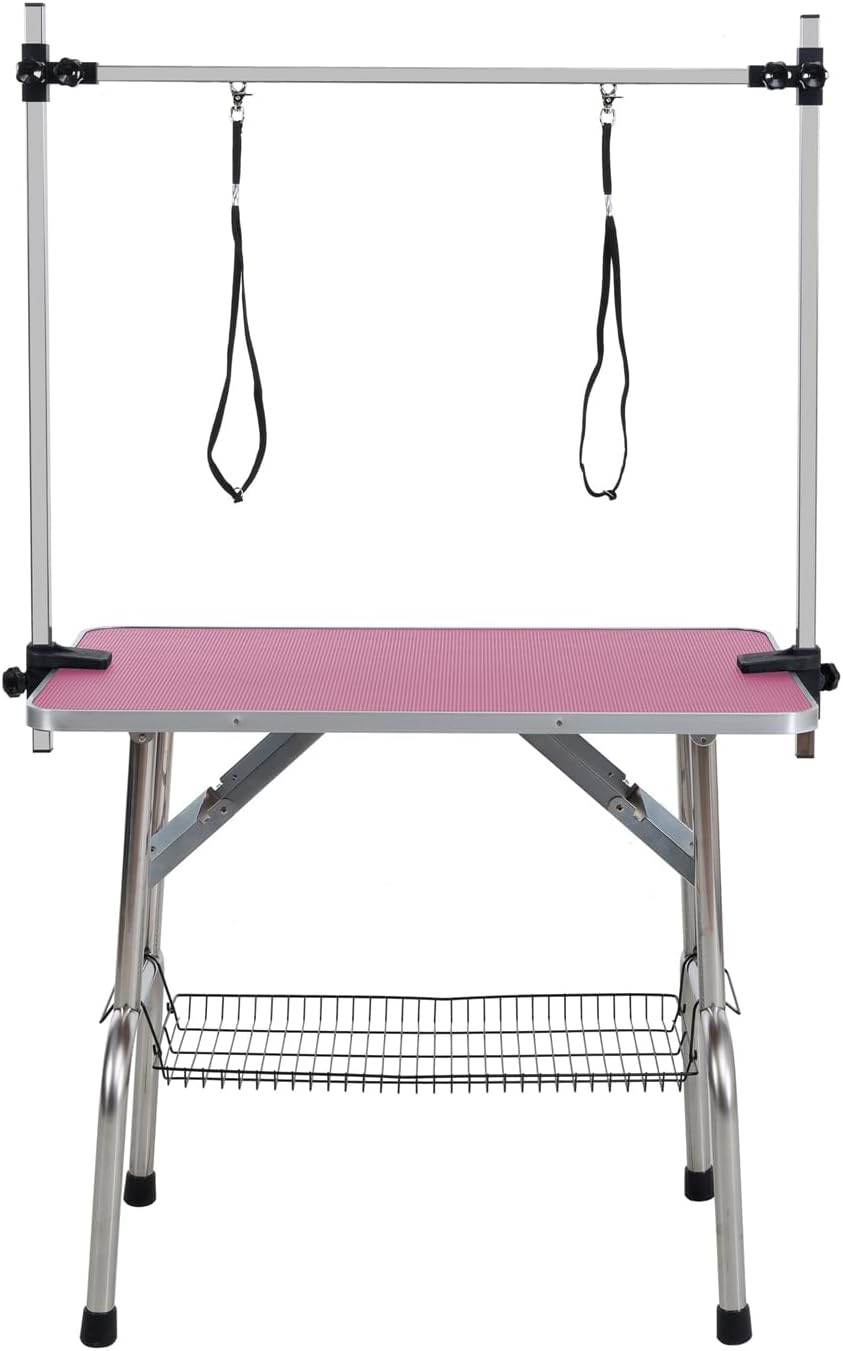 New Large Pet Grooming Table for Dog Cat with Adjustable Arm and Clamps Heavy Duty Portable Dog Grooming Table w/Arm & Noose & Mesh Tray (Pink, 36INCH)
