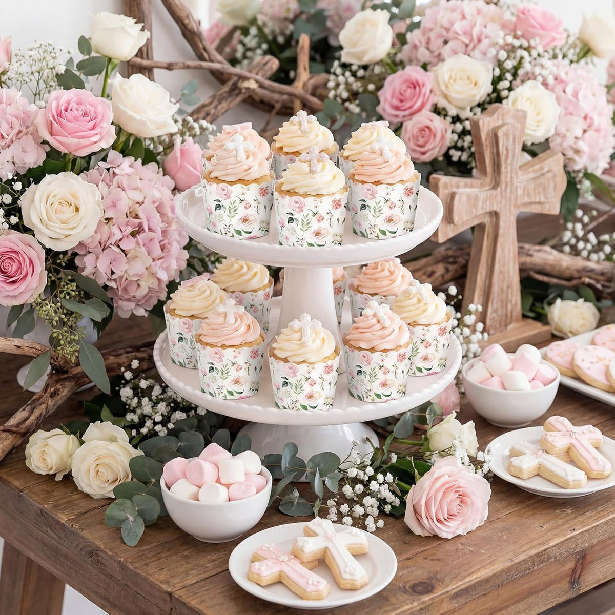 150 Pcs Pink Floral Cupcake Wrappers Liners Rose Paper Baking Cups Greaseproof Disposable Scalloped Flower Cupcake Muffin Cases for Spring Summer Wedding Baby Shower Birthday Tea Party Decor