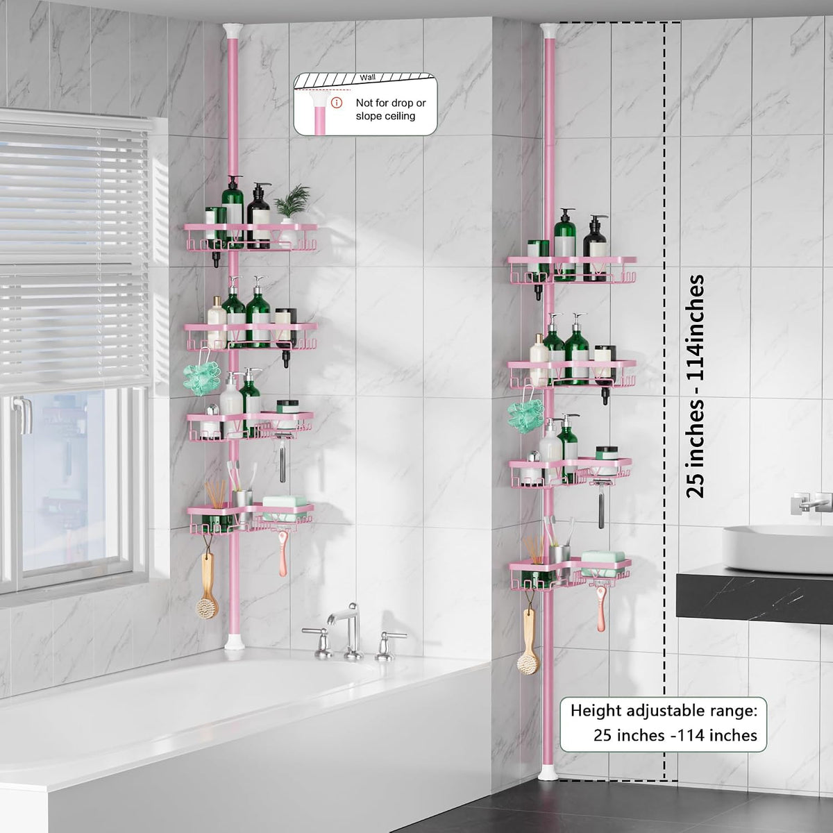 Corner Shower Caddy Tension Pole - Corner Shower Organizer Pink Cute