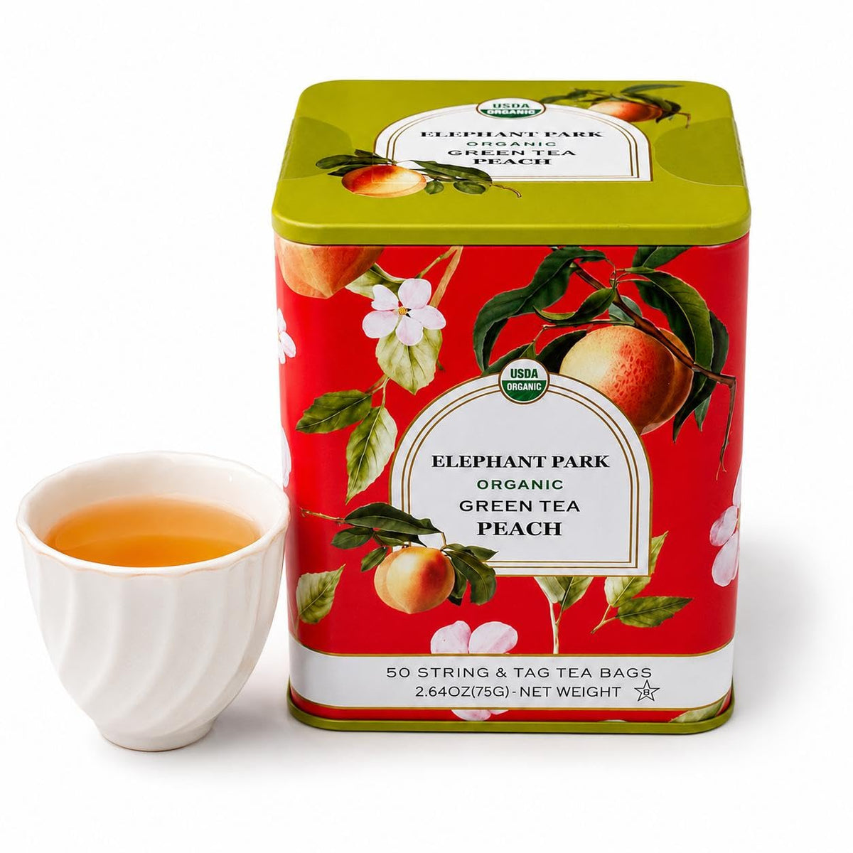 Organic Peach Ceylon Green Tea - 50 Packets - Natural Antioxidant Rich Herbal Leaf Teabags - USDA Certified 100% Non-GMO - Caffeinated Designer Gift Tin